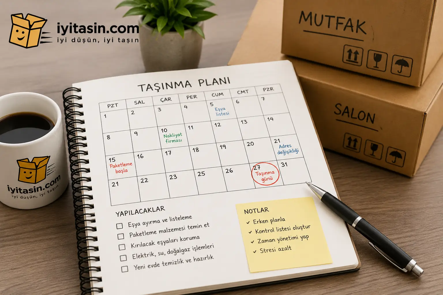 Taşınma planı takvimini gösteren bir ajanda ve kalem